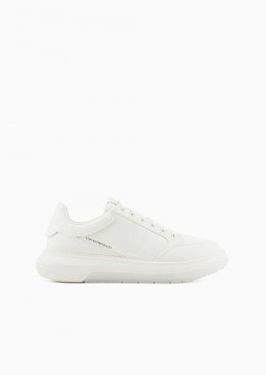 White Emporio Armani Leather Sneakers With Side Logo | EA-SN58936