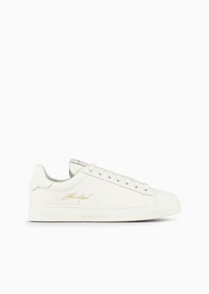 White Emporio Armani Leather Sneakers With Gold Signature Logo | EA-SN58954