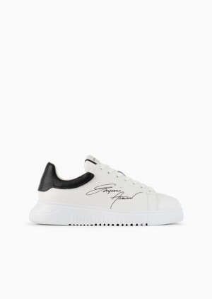 White Emporio Armani Leather Sneakers With Signature Logo And Knurled Sole | EA-SN58965