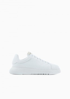 White Emporio Armani Leather Sneakers With All-over Eagle Logo | EA-SN58976