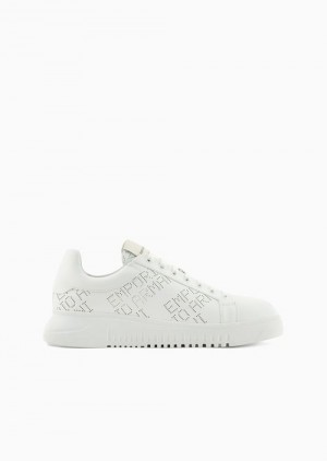 White Emporio Armani Leather Sneakers With Micro-perforated Logo Lettering | EA-SN58977