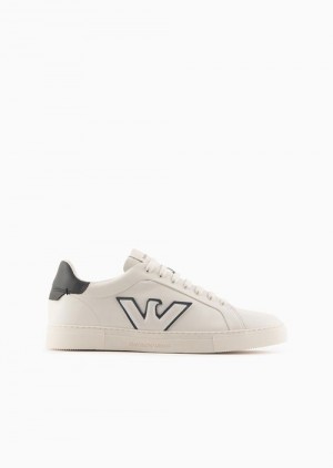 White Emporio Armani Leather Sneakers With Eagle Patch | EA-SN58986