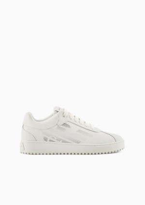 White Emporio Armani Leather Sneakers With Oversized Eagle Print | EA-SN58999