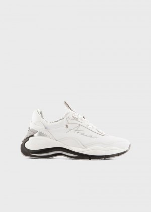 White Emporio Armani Leather Sneakers With Crinkled Details | EA-SN57195