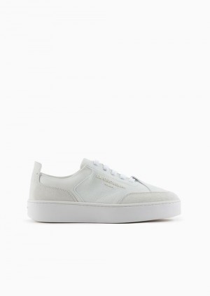 White Emporio Armani Leather Sneakers With Suede Details And Embossed Logo | EA-SN57197