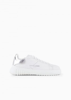 White Emporio Armani Leather Sneakers With Laminated Back | EA-SN57199