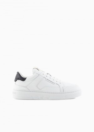 White Emporio Armani Leather Sneakers With Back Eagle | EA-SN57201