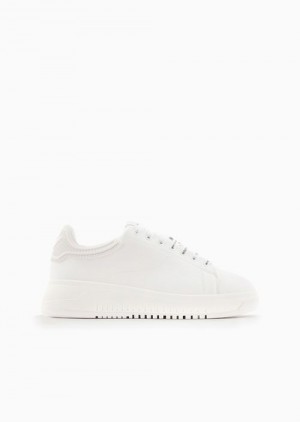 White Emporio Armani Leather Sneakers With Rubber Backs | EA-SN57217