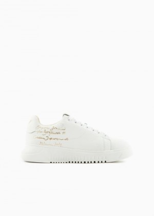 White Emporio Armani Leather Sneakers With Borgonuovo Milano Logo | EA-SN57218