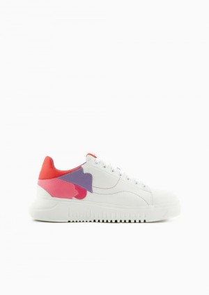 White Emporio Armani Leather Sneakers With Contrasting Decorative Petals | EA-SN57220