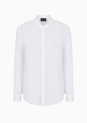 White Emporio Armani Linen Chambray Shirt With Guru Collar | EA-SN57844