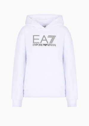 White Emporio Armani Logo Series Organic-cotton Hooded Sweatshirt With Rhinestone Logo | EA7-SN59576