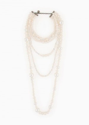 White Emporio Armani Long Multistrand Necklace With Pearl-effect Spheres And Beads | EA-SN57517