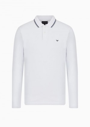 White Emporio Armani Long-sleeved Stretch Piqué Polo Shirt With Micro Eagle Embroidery | EA-SN58436