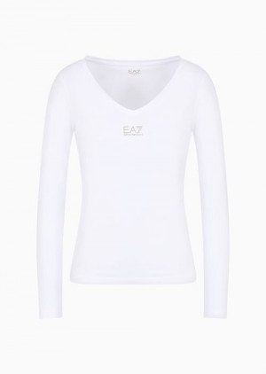 White Emporio Armani Long-sleeved T-shirt Shiny In Stretch Cotton | EA7-SN59632