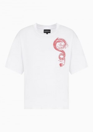 White Emporio Armani Lunar New Year Mercerised-jersey T-shirt With Dragon Print | EA-SN57068