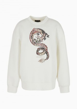 White Emporio Armani Lunar New Year Sweatshirt With Oversized Dragon Embroidery | EA-SN57007