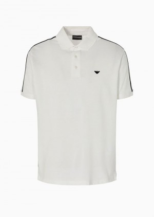 White Emporio Armani Mercerised Piqué Polo Shirt With Micro Eagle Embroidery And Jacquard Stripes On The Shoulder | EA-SN58423