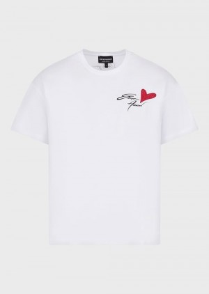 White Emporio Armani Mercerised-jersey T-shirt With Valentine’s Day Logo | EA-SN57055