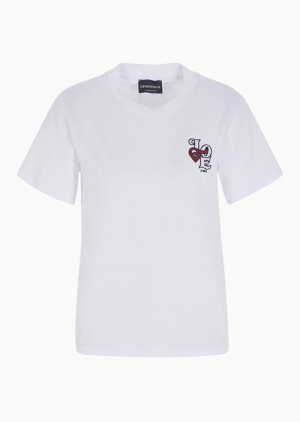 White Emporio Armani Mercerised-jersey T-shirt With Valentine’s Day Love Capsule Collection Patch | EA-SN57065