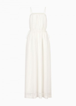 White Emporio Armani Mesh Long Dress With Stretch Waist | EA-SN56490