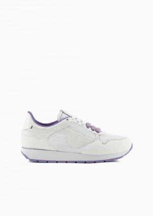 White Emporio Armani Moiré Nylon Sneakers With Patent Leather Details And Eagle Patch | EA-SN57207