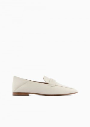 White Emporio Armani Nappa Leather Loafers With Embossed Logo | EA-SN57124