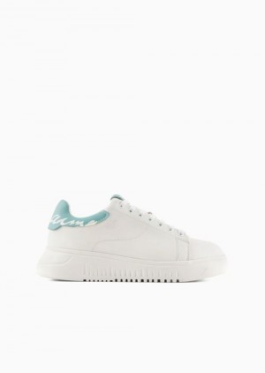 White Emporio Armani Nappa-leather Sneakers With Back Signature Logo | EA-SN57221