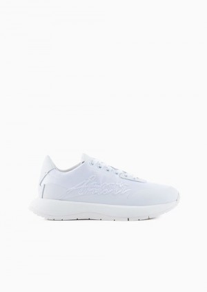 White Emporio Armani Nylon Sneakers With Travel Essentials Signature Logo Embroidery | EA-SN57223