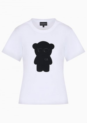 White Emporio Armani Organic Jersey T-shirt With Asv Manga Bear Patch | EA-SN57017