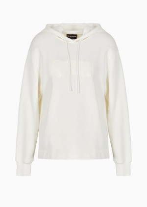 White Emporio Armani Organic-jersey Hooded Sweatshirt With Logo On A Glossy Asv Print | EA-SN56995