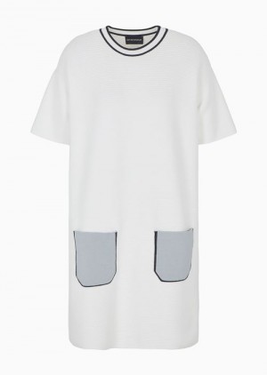 White Emporio Armani Ottoman Fabric Short-sleeved Tunic Dress With Patch Pockets | EA-SN56504