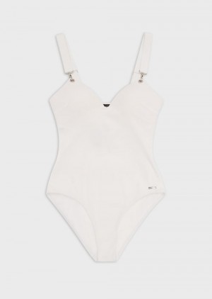 White Emporio Armani Padded Ribbed Lycra One-piece Swimsuit | EA-SN57087