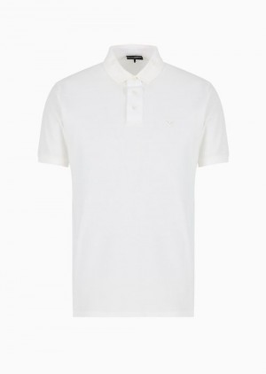 White Emporio Armani Piqué Polo Shirt With Raised Micro Eagle Embroidery | EA-SN58421