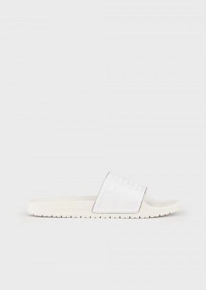 White Emporio Armani Pvc Sliders With Oversized, Embossed Eagle | EA-SN58882