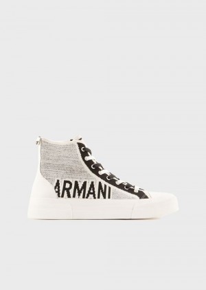 White Emporio Armani Recycled Knit High-top Sneakers With Jacquard Logo | EA-SN58948