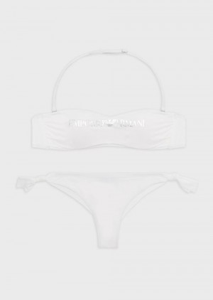 White Emporio Armani Recycled Nylon Bandeau Bikini With Logo | EA-SN57095