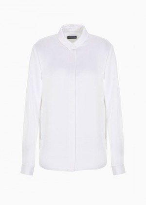 White Emporio Armani Satin Shirt With A Button At The Neck | EA-SN56933