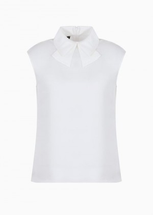 White Emporio Armani Satin Top With Bow Collar | EA-SN56930