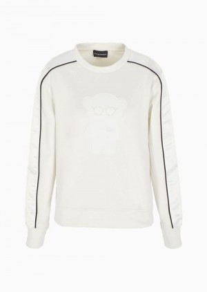 White Emporio Armani Shiny Interlock Fabric Sweatshirt With Piping And Oversized Manga Bear Patch | EA-SN56988