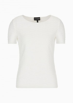 White Emporio Armani Short-sleeved Jersey Jumper With Embossed Waves Motif | EA-SN57014