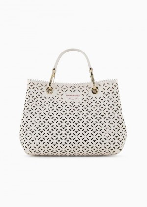 White Emporio Armani Small Myea Shopper Bag With Perforated Motif | EA-SN57244