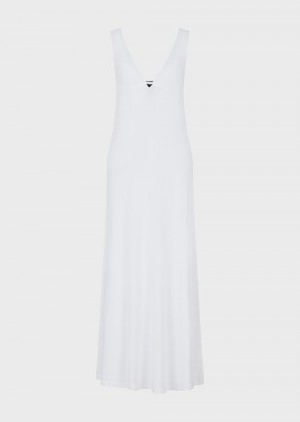 White Emporio Armani Stretch-viscose V-neck Long Beach Dress | EA-SN56545