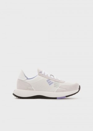 White Emporio Armani Suede And Nylon Sneakers With Oversized Eagle | EA-SN57203