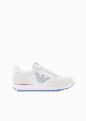 White Emporio Armani Suede And Nylon Sneakers With Oversized Eagle | EA-SN57212