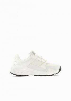 White Emporio Armani Suede Sneakers With Knit Details | EA-SN59004