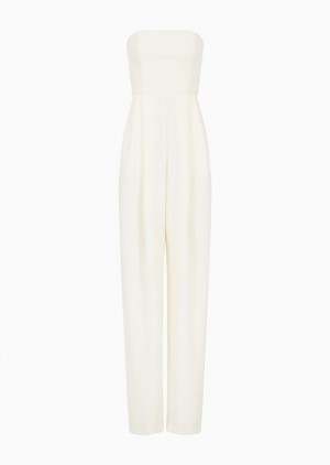 White Emporio Armani Techno Cady Jumpsuit With Strapless Bodice In Ottoman Fabric | EA-SN56564