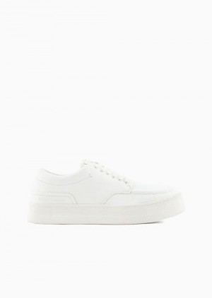 White Emporio Armani Tumbled Leather Sneakers With Heat-stamped Logo | EA-SN58959