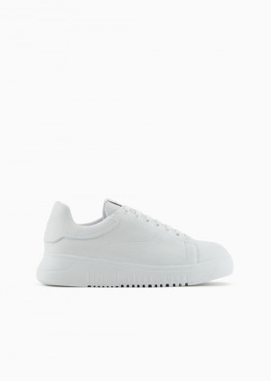 White Emporio Armani Tumbled Leather Sneakers | EA-SN57177