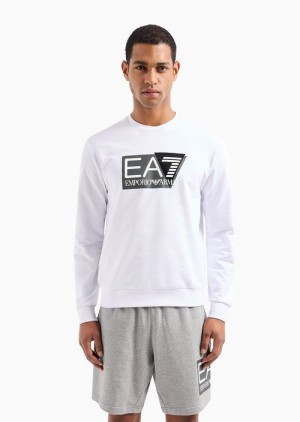 White Emporio Armani Visibility Cotton Crew-neck Sweatshirt | EA7-SN59978